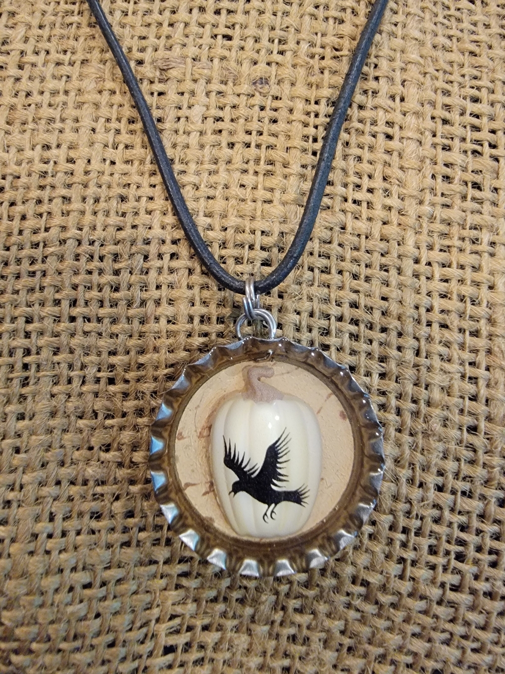 Halloween Gothic Black Raven White Pumpkin Vintage Bottlecap Pendant Necklace
